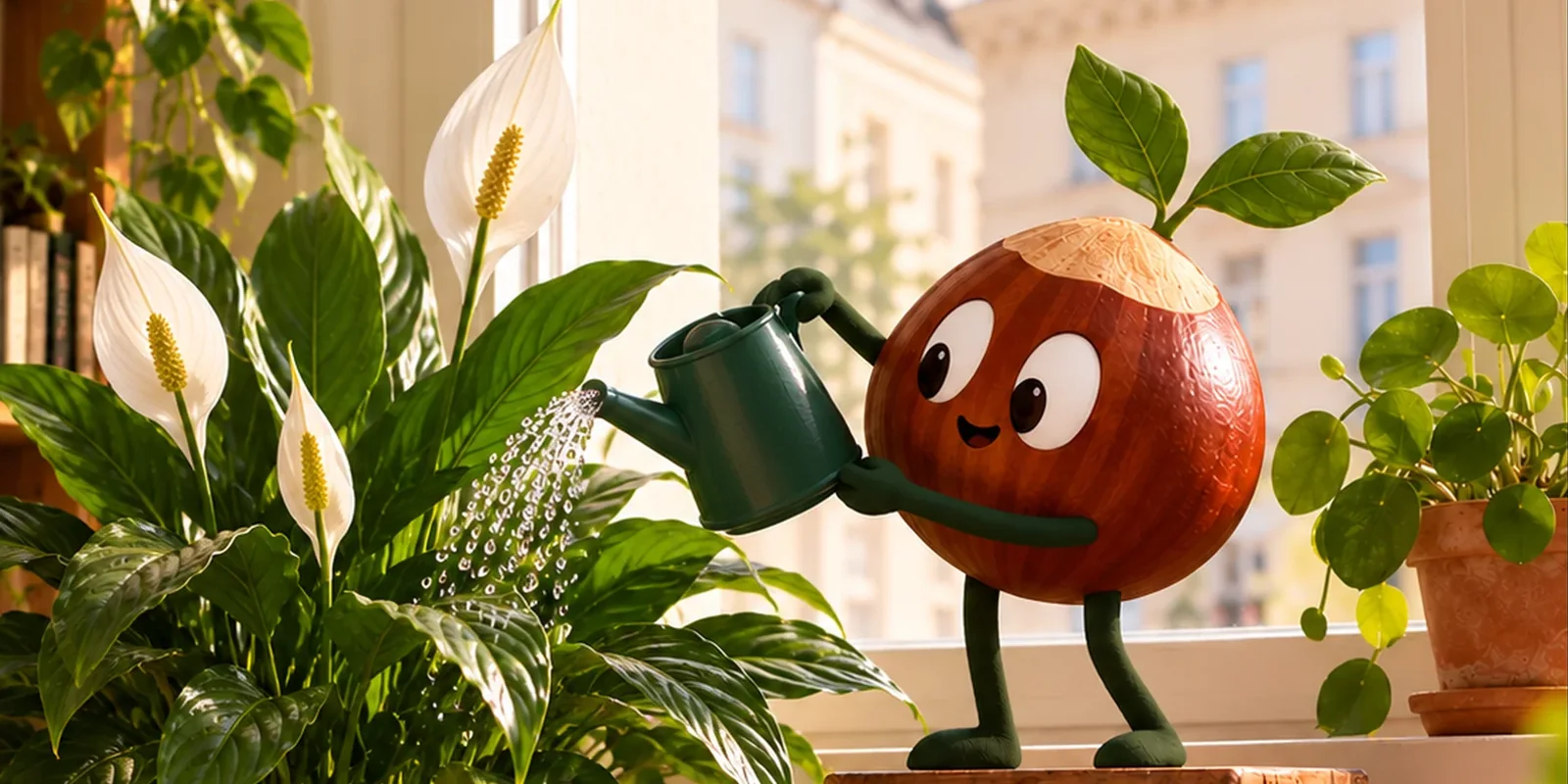 Kastanies 3D-Kastanienmaskottchen gießt ein blühendes Einblatt am hellen Wiener Fenster.