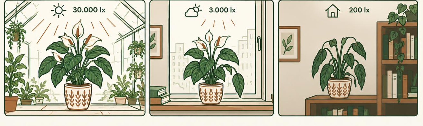 Illustration: dieselbe Pflanze an drei Orten — blühend im Gewächshaus bei 30.000 Lux, noch gut am Wohnungsfenster bei 3.000 Lux, hängend im Regal bei 200 Lux.