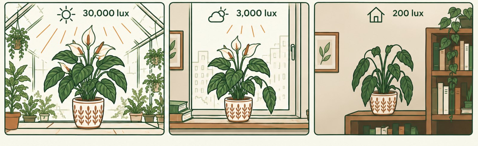 Illustration: the same plant in three places — flowering in a greenhouse at 30,000 lux, still fine at an apartment window at 3,000 lux, drooping on a shelf at 200 lux.