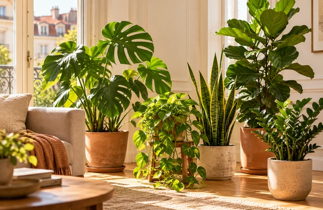 Helles gemütliches Wohnzimmer mit Monstera, Pothos, Bogenhanf, Ficus lyrata und ZZ-Pflanze.
