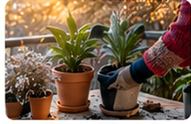 Pflanzenpflege an einem herbstlichen Balkon.
